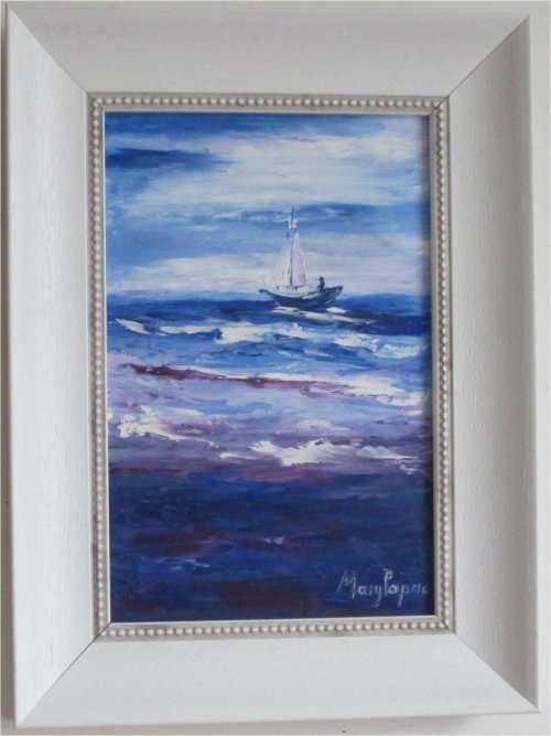 Sailing Alone, framed oil painting by Mary Papas