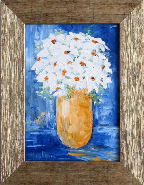 White Daises in a Vase , framed  oil painting by Mary Papas
