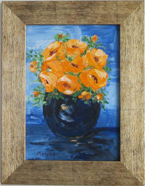 Yellow Blooms in a Vase , framed  oil painting by Mary Papas