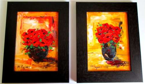 A Pair of Poppies , framed  oil paintings by Mary Papas
