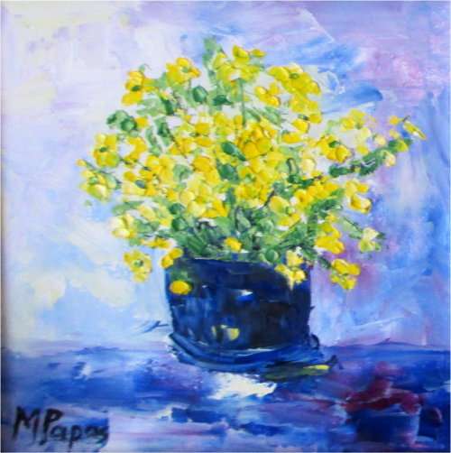 Yellow Bouquet, framed oil, by Mary Papas