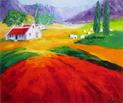 In the Country 7 , framed oil painting by Mary Papas