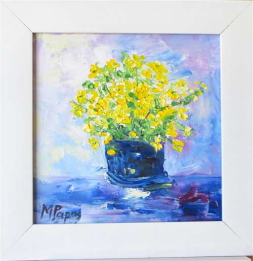 Yellow Bouquet, framed oil, by Mary Papas
