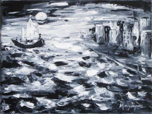 Sailing to safety, oil painting by artist Mary Papas