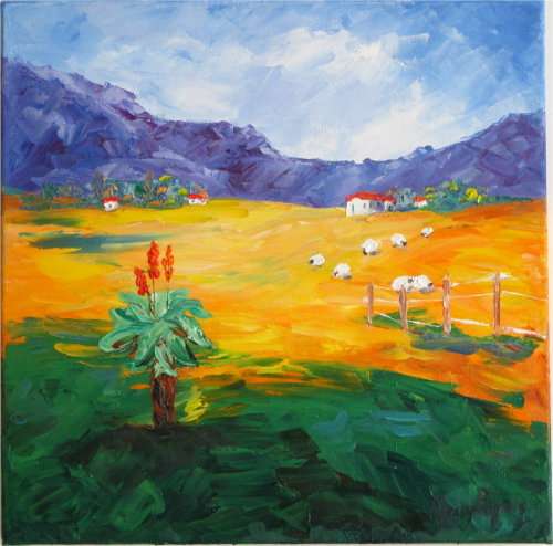 Sheep and Aloe Country, oil painting by Mary Papas