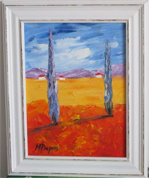 Small Country Scene 6, framed oil, by Mary Papas
