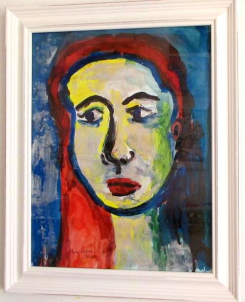 Anonymous Face 17, framed acrylic painting by Mary Papas