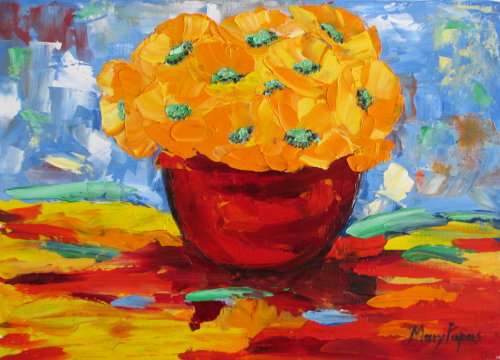 Fresh Blooms in Vase, oil painting by artist Mary Papas
