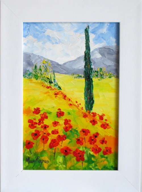 Poppy Field 2, framed oil painting by artist Mary Papas