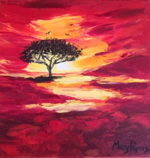 Sundown Tree 2, oil painting by artist Mary Papas