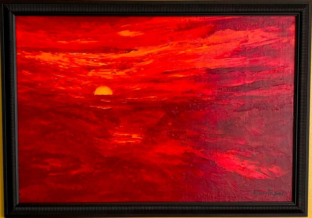 Sundown,  framed oil painting by artist Mary Papas