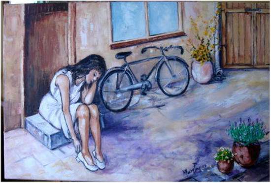 Having a rest,  large oil painting by artist Mary Papas