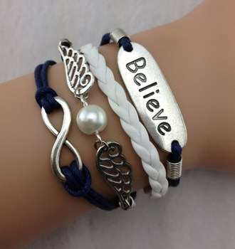 Believe, pearl wings and infinity bracelet (Navy blue & white)
