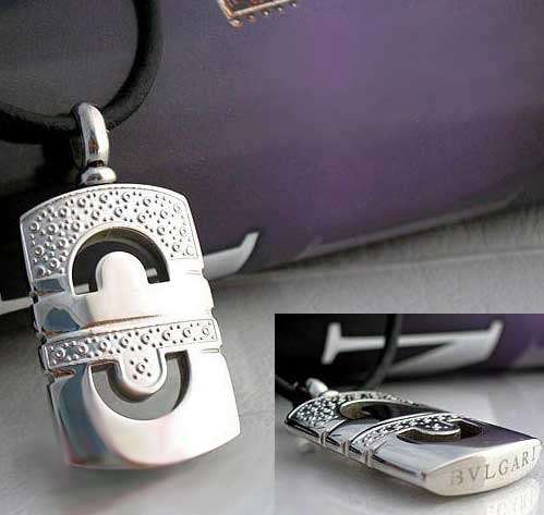 BVL Bvlgari Titanium Steel Leather Necklace w Stylish Pendant