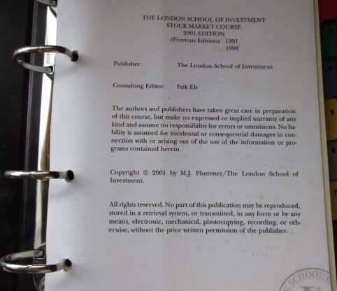 Stock Market Investment Course 3 Folders London School of Investment 2001