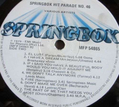 1979 SPRINGBOK HIT PARADE 46 S.A TOP 14 (MFP 54865) VINYL LP RECORD - S207