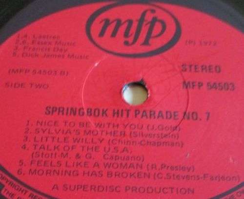 1972 SPRINGBOK HIT PARADE No. 7 (MFP 54503) LP VINYL RECORD