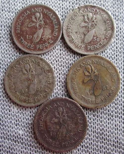 Three Pence Rhodesia & Nyasaland 1956/57/62 (x5 Coins Lot)