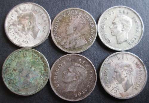 3d TICKEY - THREE PENCE SOUTH AFRICA 1933/45/46/47/54 (x6 COINS - LOT)