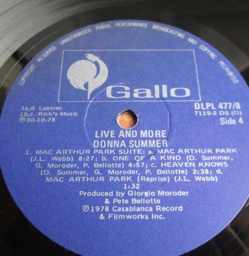 DONNA SUMMER - 1978 LIVE AND MORE (DLPL 477/8) x2 VYNIL LP RECORDS - A3121