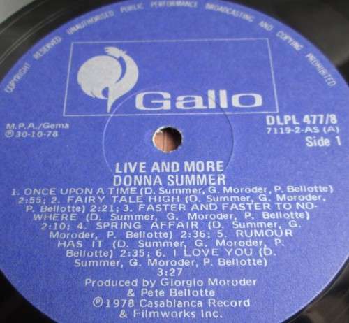 DONNA SUMMER - 1978 LIVE AND MORE (DLPL 477/8) x2 VYNIL LP RECORDS - A3121