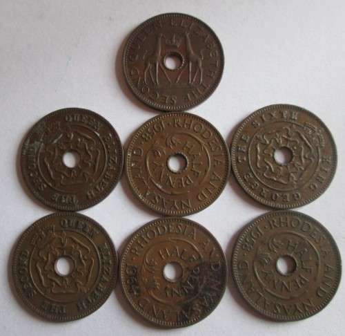 HALF PENNY RHODESIA AND NYASALAND x7 COINS (SEE DESCRIPTION - DATES)