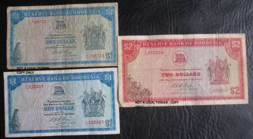 $1 and $2 DOLLARS RHODESIA NOTES x3 (LOT)