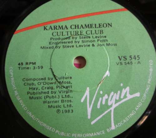 CULTURE CLUB - 1983 KARMA CHAMELEON/ THAT`s THE WAY (YS 545) 45 RPM RECORD - A3208