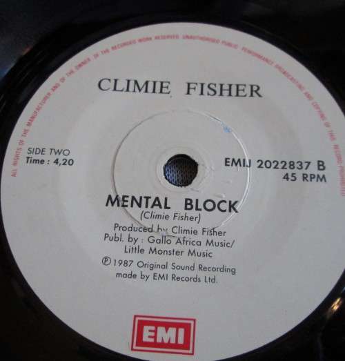 CLIMIE FISHER - 1987 MENTAL BLOCK/RISE TO THE OCCASION (EMIJ 2022837) 45 RPM RECORD - A3387