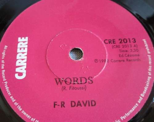 F-R DAVID - WORDS 1982 (CRE 2013) 45 RPM RECORD