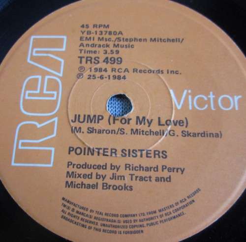 POINTER SISTERS - 1984 HEART BEAT/JUMP (FOR MY LOVE) (TRS 499) 45 RPM RECORD - A3473