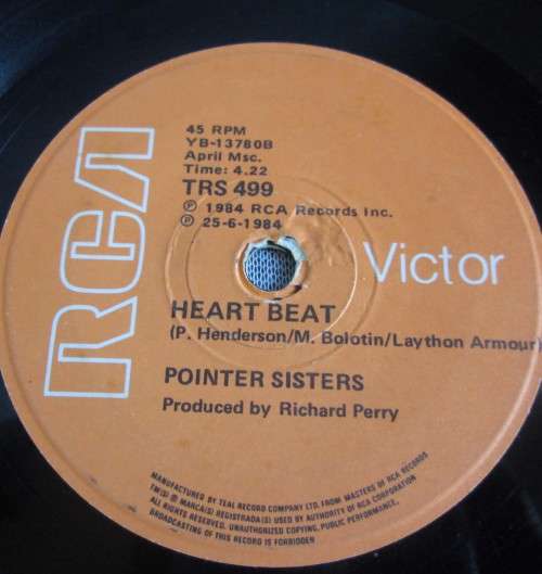 POINTER SISTERS - 1984 HEART BEAT/JUMP (FOR MY LOVE) (TRS 499) 45 RPM RECORD - A3473