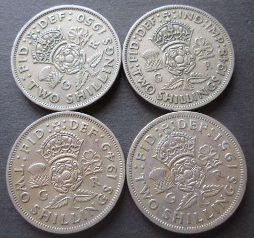 TWO SHILLING GREAT BRITAIN x4 COINS (LOT) 1948-1951
