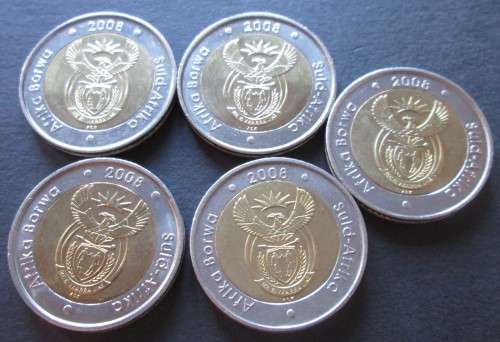 FIVE RAND 2008 SOUTH AFRICA COINS NELSON MANDEL 90th BIRTHDAY (LOT x5)