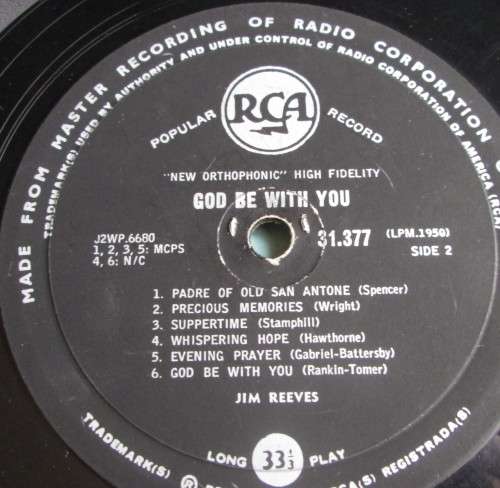 JIM REEVES - 1959 GOD BE WITH YOU (LPM 1950) LP RECORD - S67