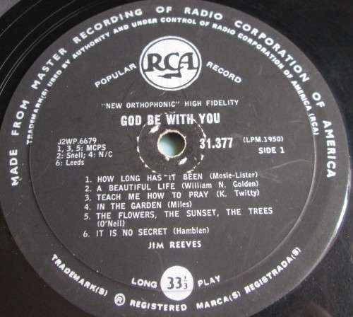 JIM REEVES - 1959 GOD BE WITH YOU (LPM 1950) LP RECORD - S67