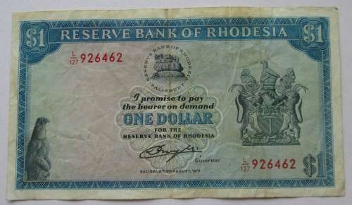 ONE DOLLAR 1979 RESERVE BANK OF RHODESIA SERIAL No L127 926462 WATERMARK ZIMBABWE BIRD - RAKN/48