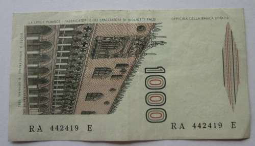 1000 LIRE RA442419E ITALY BANKNOTE - RAK530