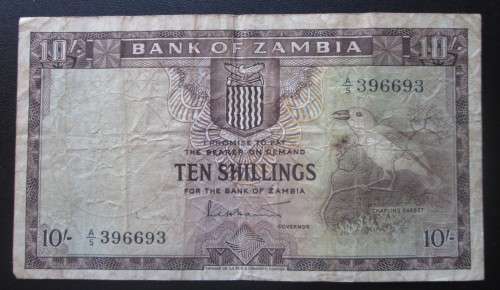 10/-  SHILLING BANK OF ZAMBIA SERIAL Nr A5 396693 WATERMARK WILDEBEEST - RAK588