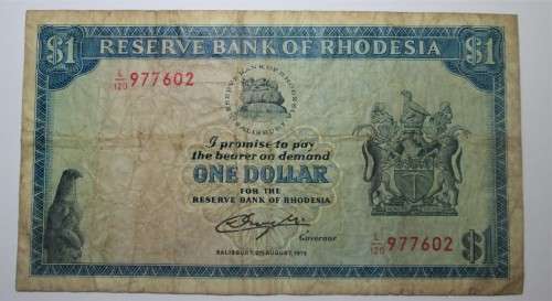ONE DOLLAR 1979 RESERVE BANK OF RHODESIA SERIAL No L120 977602 WATERMARK ZIMBABWE BIRD - RAKN/6