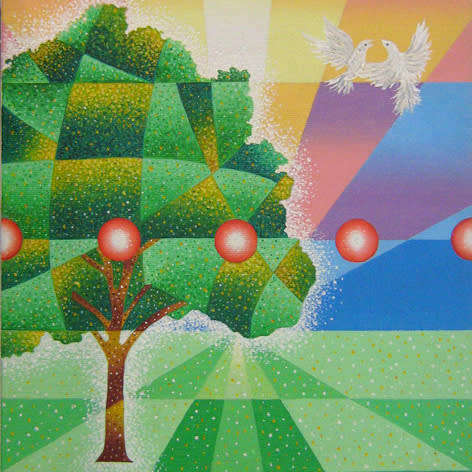 ` LANDSCAPE WITH TWO BIRDS ` oil on prepared canvas