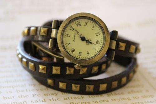 Leather studded wrap around Vintage Style Wristwatch - Coffee
