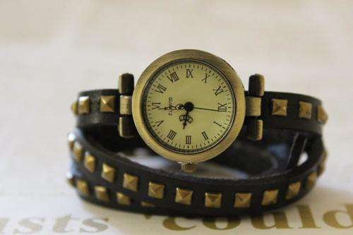Leather studded wrap around Vintage Style Wristwatch - Black