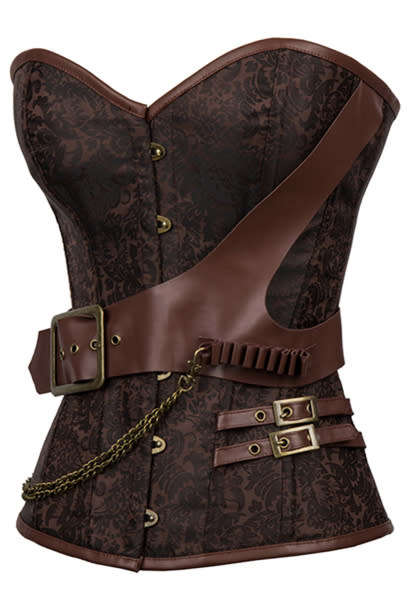 Brown Steel Boned Brocade Steampunk Corset With Thong