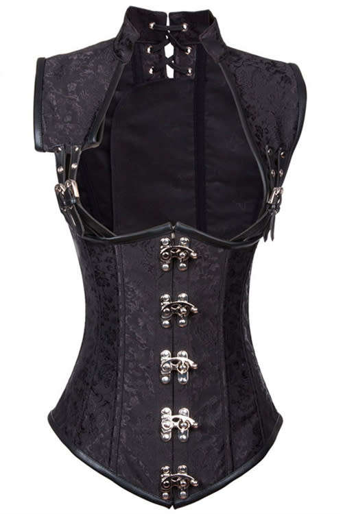 Black 12 Steel Boned Gothic Collared Top Brown Steampunk Corset Underbust Jacket Vest