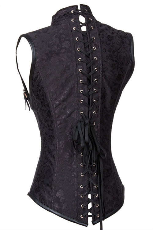 Black 12 Steel Boned Gothic Collared Top Brown Steampunk Corset Underbust Jacket Vest