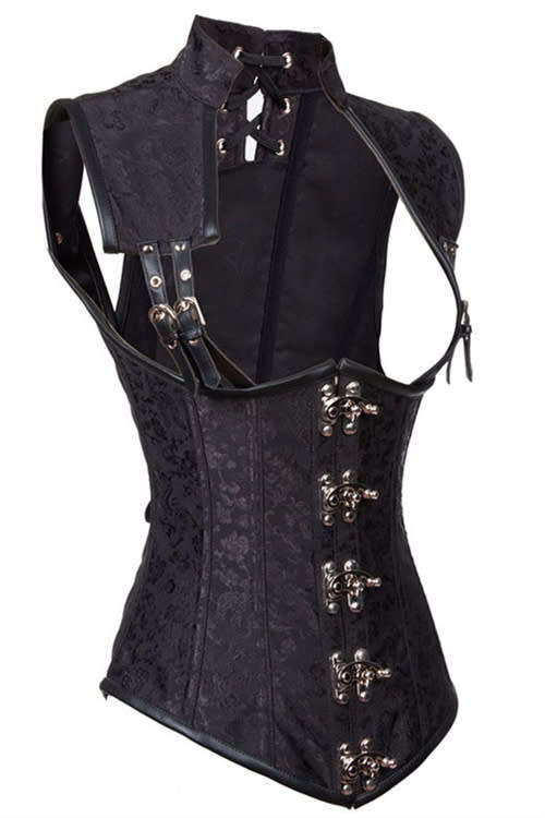 Black 12 Steel Boned Gothic Collared Top Brown Steampunk Corset Underbust Jacket Vest