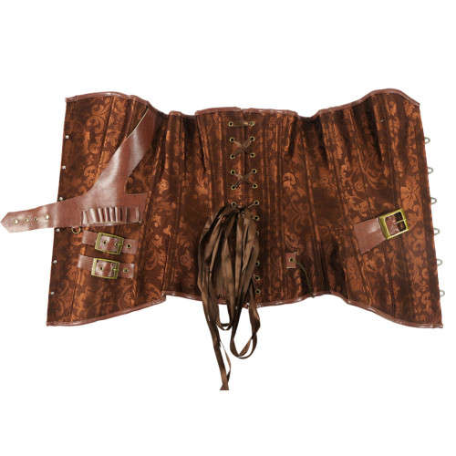 Brown Jacquard Gothic Corset Steampunk Faux Leather Chains Bustier Waist Sliming Plus Size S-6XL
