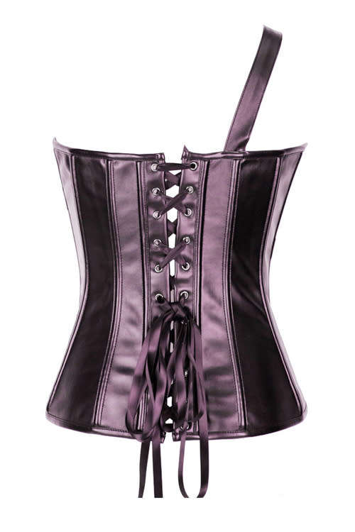Coppery Leather Overbust Corset With One Shoulder Halter Style and Belt Detailing