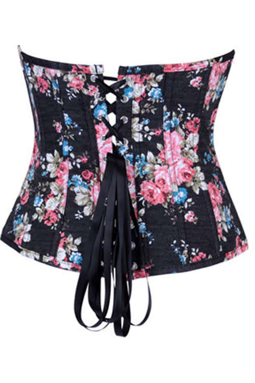 Pleasing Pink Roses With Small Blue and Brownish Green Floral Prints on a Blackish Tight Fit Corset
